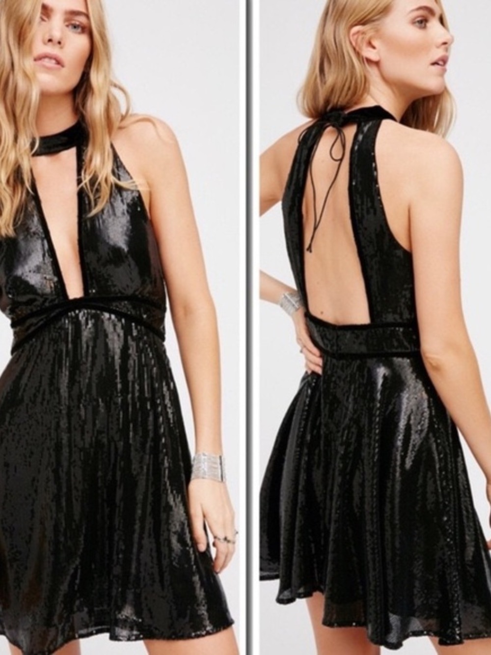 Free people black sequin open back halter dress
